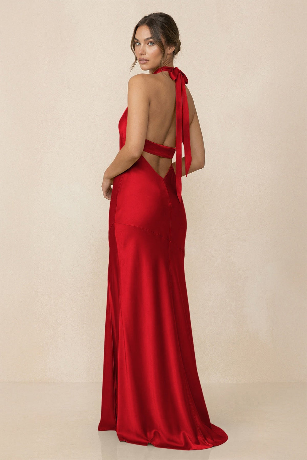 Cross Halter Sheath Bridesmaid Dress With Slit in Ruby Red - KissProm Bridesmaid Dresses