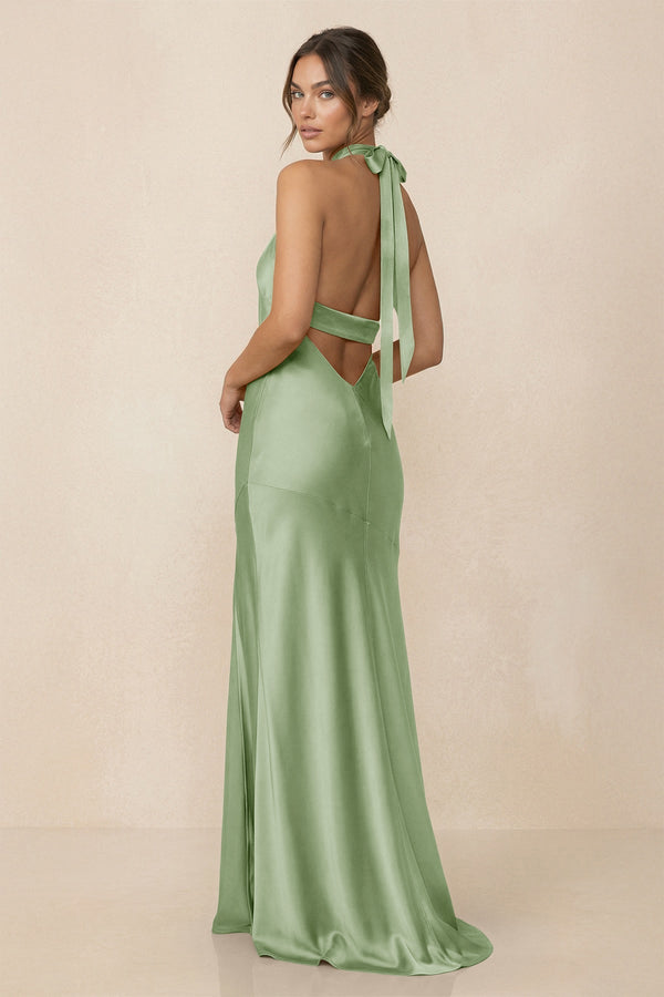 Cross Halter Sheath Bridesmaid Dress With Slit in Sage - KissProm Bridesmaid Dresses