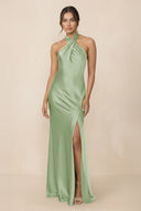 Cross Halter Sheath Bridesmaid Dress With Slit in Sage - KissProm Bridesmaid Dresses