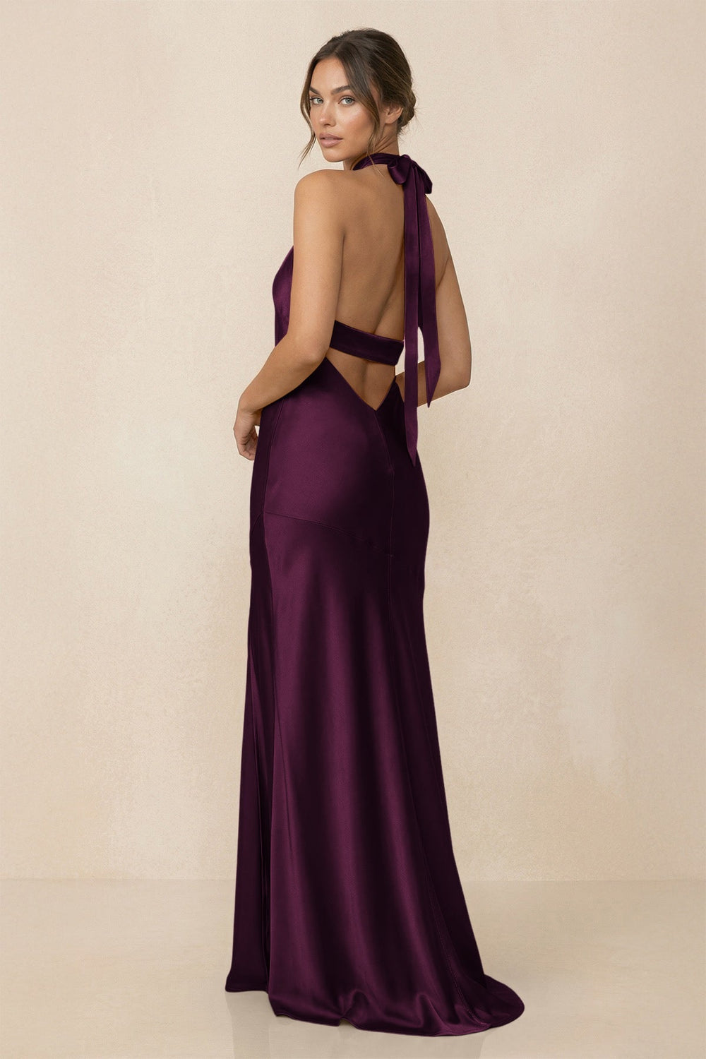 Cross Halter Sheath Bridesmaid Dress With Slit in Sangria - KissProm Bridesmaid Dresses