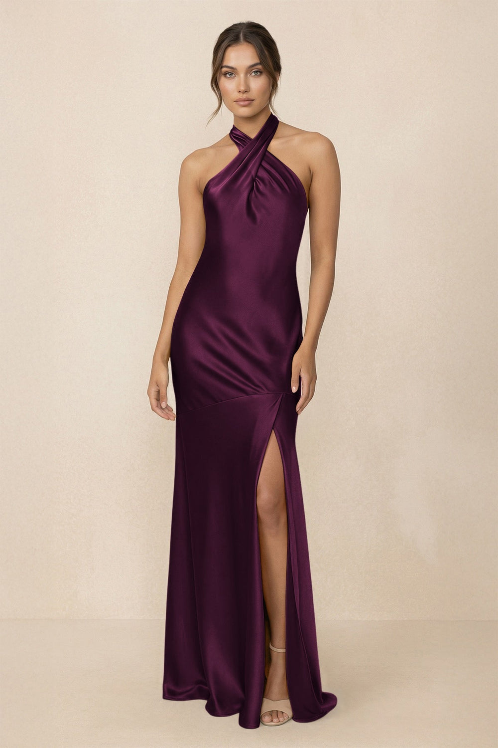 Cross Halter Sheath Bridesmaid Dress With Slit in Sangria - KissProm Bridesmaid Dresses