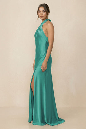 Cross Halter Sheath Bridesmaid Dress With Slit in Sea Glass - KissProm Bridesmaid Dresses