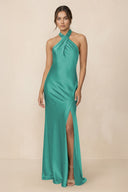 Cross Halter Sheath Bridesmaid Dress With Slit in Sea Glass - KissProm Bridesmaid Dresses