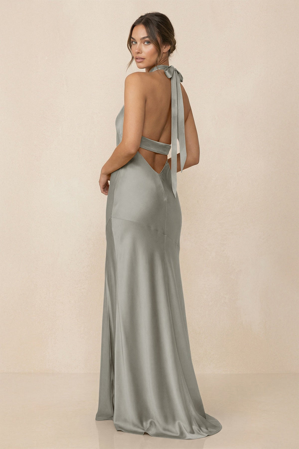 Cross Halter Sheath Bridesmaid Dress With Slit in Silver - KissProm Bridesmaid Dresses