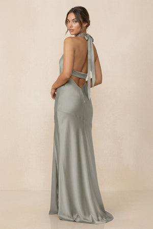 Cross Halter Sheath Bridesmaid Dress With Slit in Silver - KissProm Bridesmaid Dresses