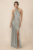 Cross Halter Sheath Bridesmaid Dress With Slit in Silver - KissProm Bridesmaid Dresses