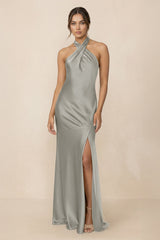 Cross Halter Sheath Bridesmaid Dress With Slit in Silver - KissProm Bridesmaid Dresses