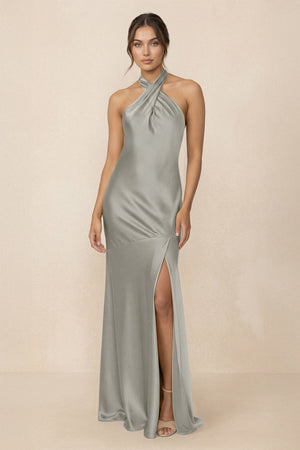 Cross Halter Sheath Bridesmaid Dress With Slit in Silver - KissProm Bridesmaid Dresses