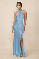Cross Halter Sheath Bridesmaid Dress With Slit in Sky Blue - KissProm Bridesmaid Dresses