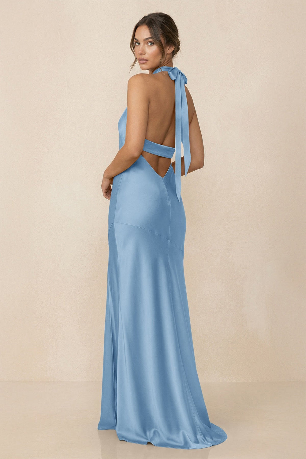Cross Halter Sheath Bridesmaid Dress With Slit in Sky Blue - KissProm Bridesmaid Dresses