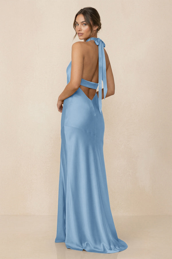 Cross Halter Sheath Bridesmaid Dress With Slit in Sky Blue - KissProm Bridesmaid Dresses