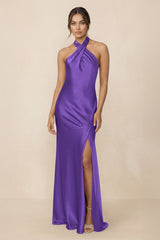Cross Halter Sheath Bridesmaid Dress With Slit in Tahiti - KissProm Bridesmaid Dresses