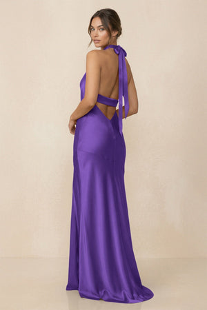 Cross Halter Sheath Bridesmaid Dress With Slit in Tahiti - KissProm Bridesmaid Dresses