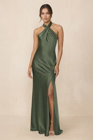 Cross Halter Sheath Bridesmaid Dress With Slit in Thyme - KissProm Bridesmaid Dresses