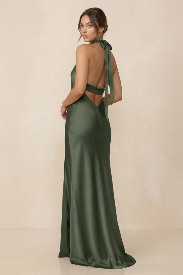 Cross Halter Sheath Bridesmaid Dress With Slit in Thyme - KissProm Bridesmaid Dresses