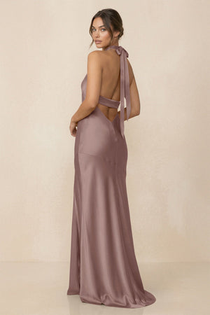 Cross Halter Sheath Bridesmaid Dress With Slit in Toffee - KissProm Bridesmaid Dresses