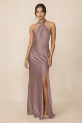 Cross Halter Sheath Bridesmaid Dress With Slit in Toffee - KissProm Bridesmaid Dresses