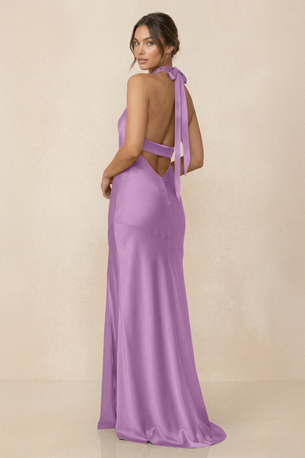 Cross Halter Sheath Bridesmaid Dress With Slit in Vintage Mauve - KissProm Bridesmaid Dresses