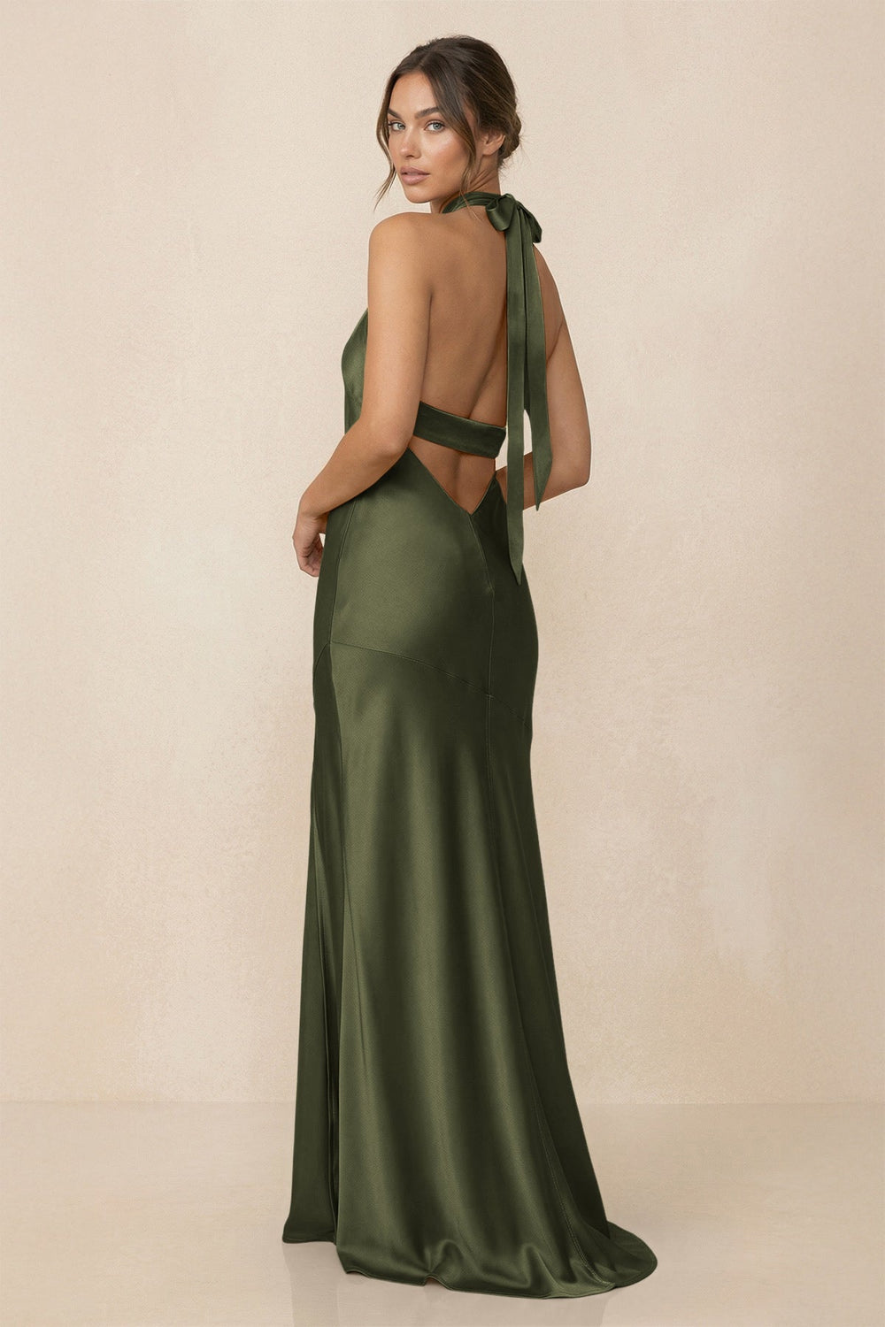 Cross Halter Sheath Bridesmaid Dress With Slit in Willow Green - KissProm Bridesmaid Dresses