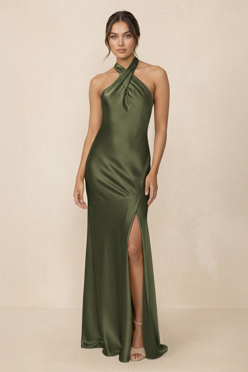 Cross Halter Sheath Bridesmaid Dress With Slit in Willow Green - KissProm Bridesmaid Dresses