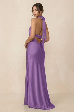Cross Halter Sheath Bridesmaid Dress With Slit in Wisteria - KissProm Bridesmaid Dresses