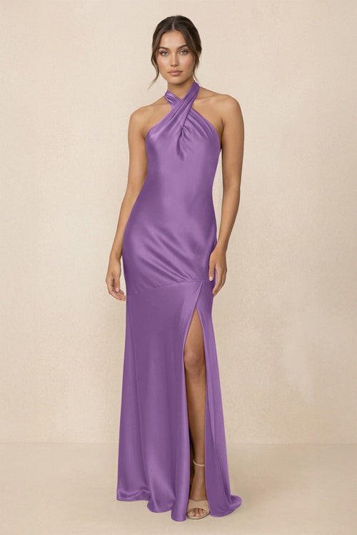 Cross Halter Sheath Bridesmaid Dress With Slit in Wisteria - KissProm Bridesmaid Dresses
