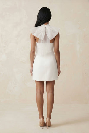 Cross Halter Sheath Satin Mini Wedding Dress in White - KissProm Wedding Dresses