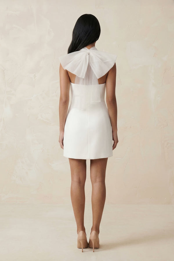 Cross Halter Sheath Satin Mini Wedding Dress in White - KissProm Wedding Dresses