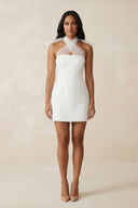 Cross Halter Sheath Satin Mini Wedding Dress in White - KissProm Wedding Dresses