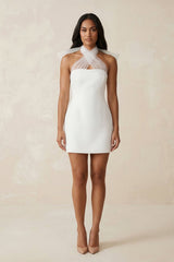 Cross Halter Sheath Satin Mini Wedding Dress in White - KissProm Wedding Dresses