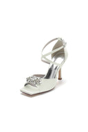 Crystal Buckle Square Open Toe Cross Straps Chunky Heels - KissProm