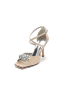 Crystal Buckle Square Open Toe Cross Straps Chunky Heels - KissProm