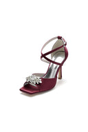 Crystal Buckle Square Open Toe Cross Straps Chunky Heels - KissProm