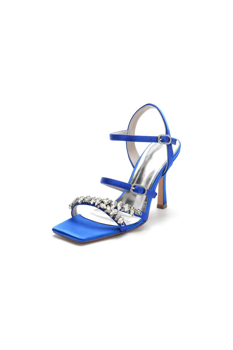 Crystal Buckle Straps Square Open Toe Chunky Heels - KissProm