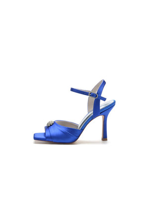 Crystal Flower Square Open Toe Cross Straps Chunky Heels - KissProm