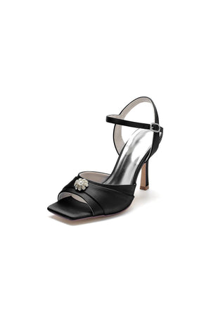 Crystal Flower Square Open Toe Cross Straps Chunky Heels - KissProm