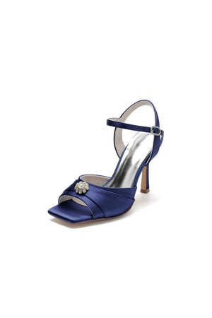 Crystal Flower Square Open Toe Cross Straps Chunky Heels - KissProm