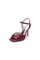 Crystal Flower Square Open Toe Cross Straps Chunky Heels - KissProm
