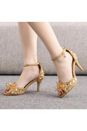 Crystal Rhinestone Decor Peep Toe Stiletto Ankle Strap High Heels - KissProm