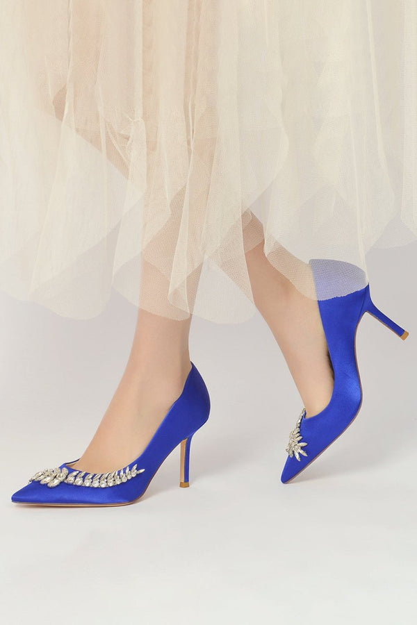 Crystal Side Pointed Toe Satin Pump - KissProm