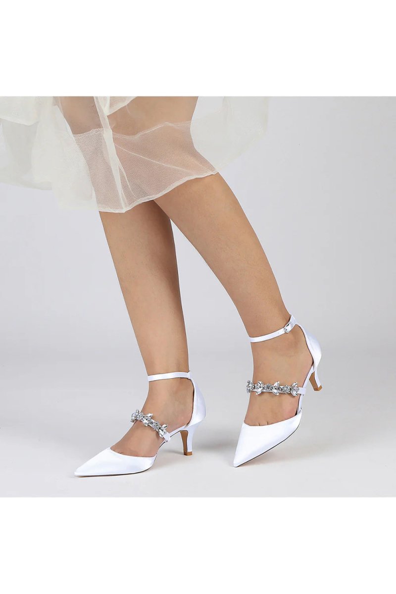 Crystal Strap Pointed Toe Satin Kitten Heels - KissProm
