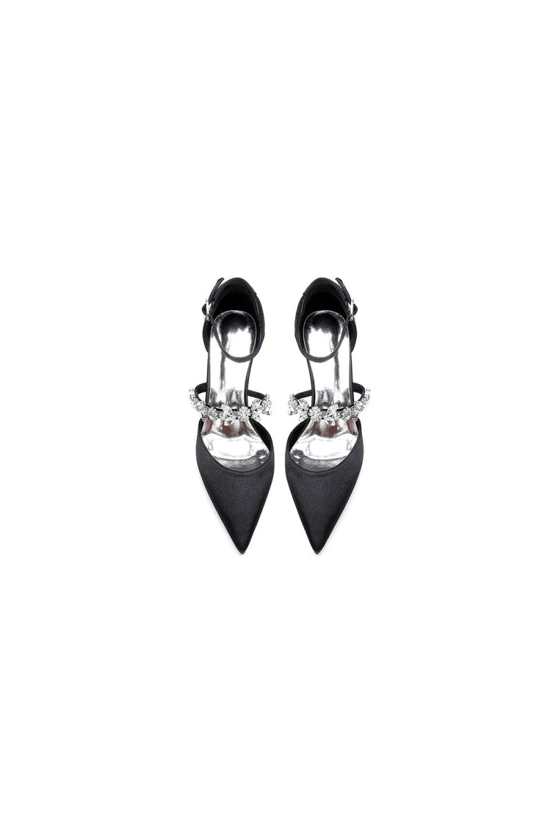 Crystal Strap Pointed Toe Satin Kitten Heels - KissProm