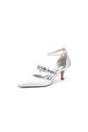 Crystal Strap Pointed Toe Satin Kitten Heels - KissProm