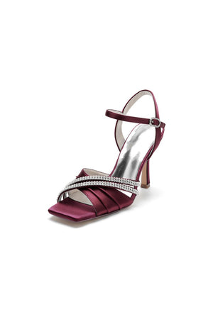 Crystal Straps Square Open Toe Chunky Heels - KissProm