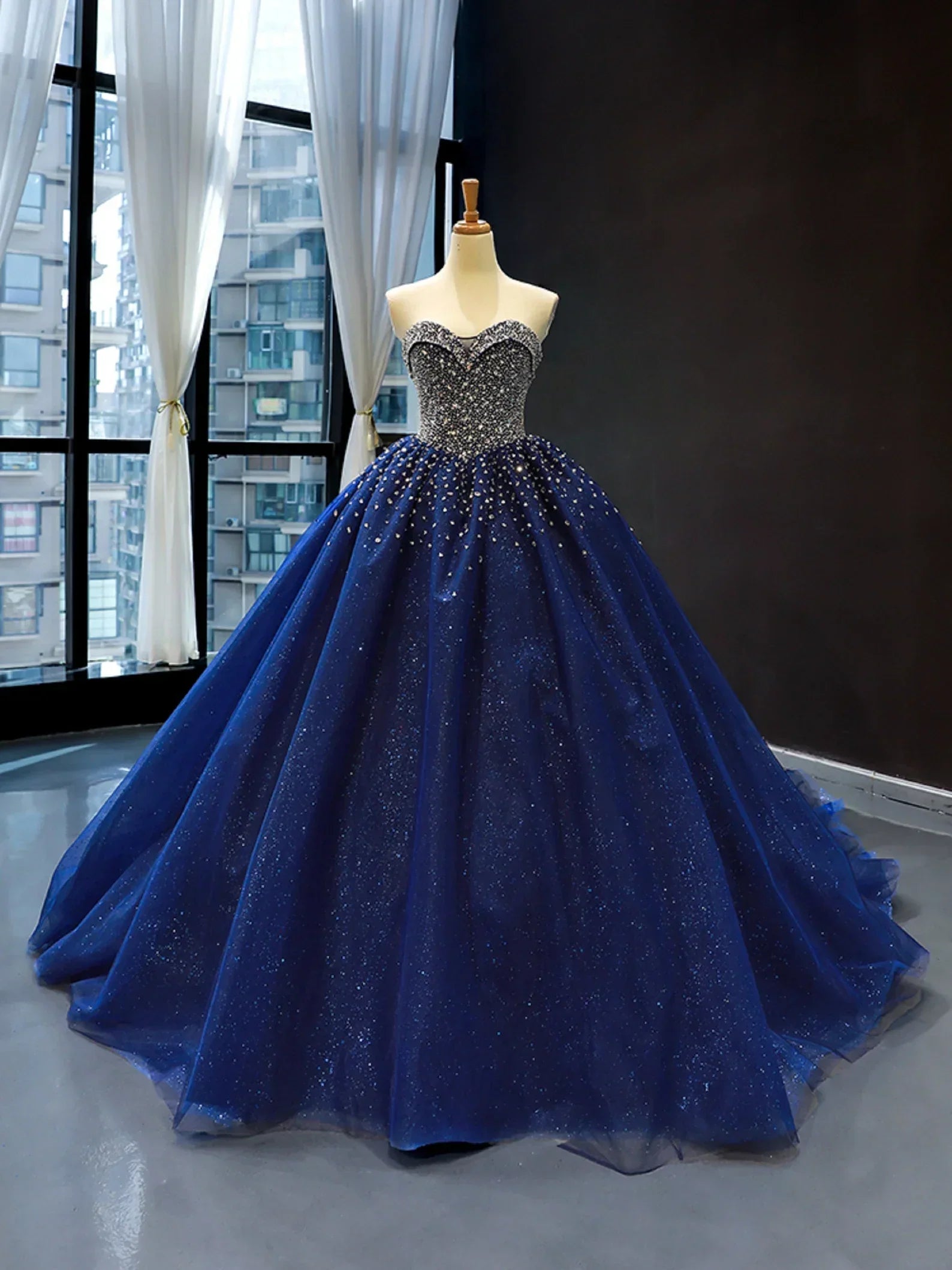 Navy Blue Sweetheart Tulle Quinceanera Dresses With Beadings Navy Blue / 20 Navy Blue Sweetheart Tulle Quinceanera Dresses With Beadings Navy Blue / 20