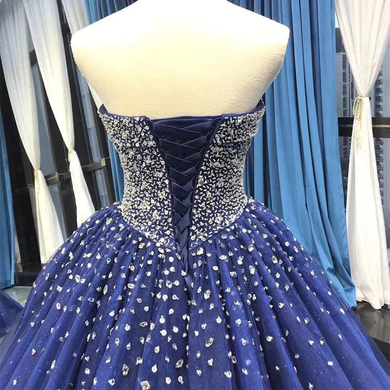 Navy Blue Sweetheart Tulle Quinceanera Dresses With Beadings Navy Blue / 20 Navy Blue Sweetheart Tulle Quinceanera Dresses With Beadings Navy Blue / 20
