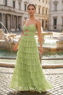 Spaghetti Straps Yellow Keyhole Tiered Ruffle Long Formal Dress - KissProm
