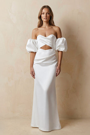 Cut - Out Sweetheart Satin Off - the - Shoulder Wedding Dress in White - KissProm Wedding Dresses