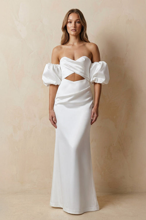 Cut - Out Sweetheart Satin Off - the - Shoulder Wedding Dress in White - KissProm Wedding Dresses