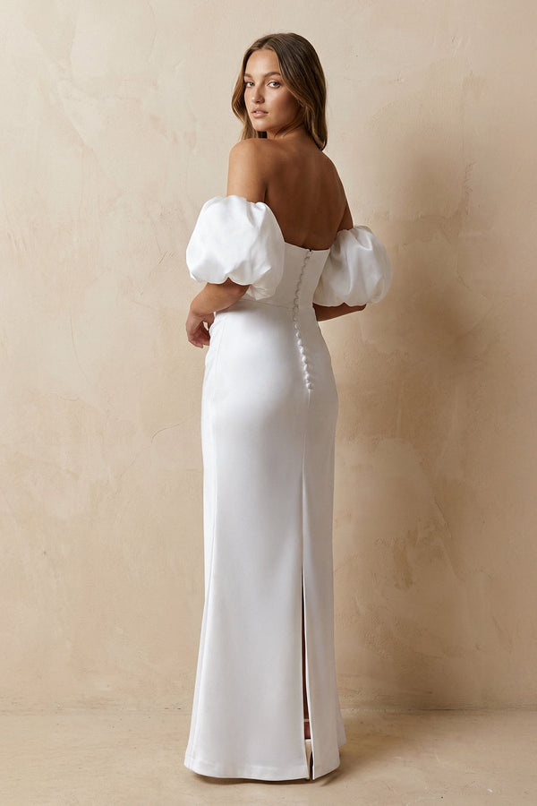 Cut - Out Sweetheart Satin Off - the - Shoulder Wedding Dress in White - KissProm Wedding Dresses